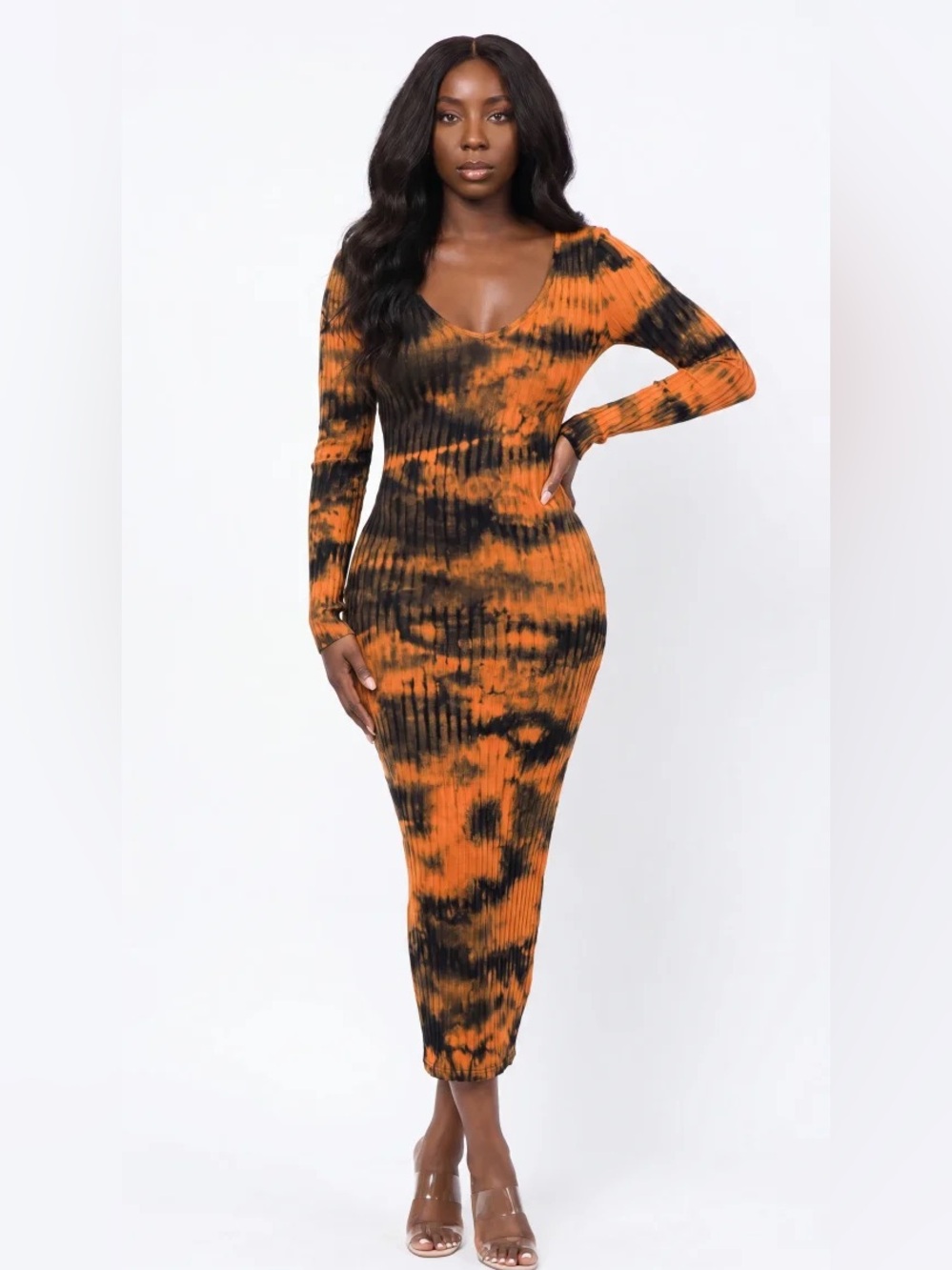 LONG SLEEVE TYE-DYE RIB MIDI DRESS
